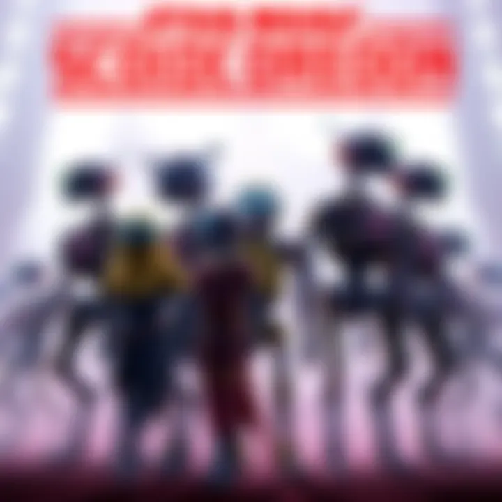 A group of new Scourge Droids standing together, showcasing their unique designs and features, with the game's logo in the background.