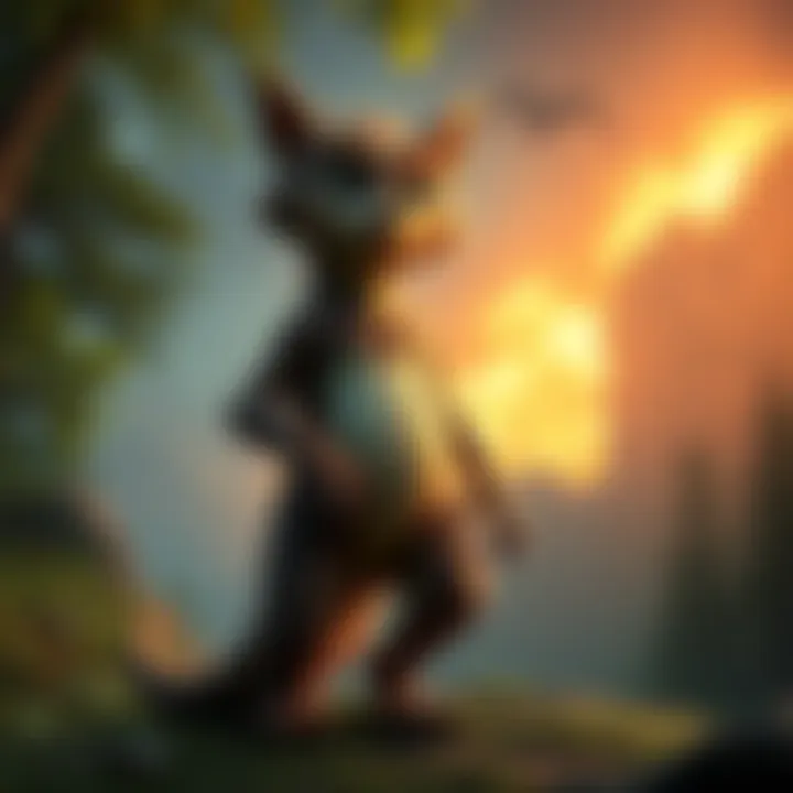 Scrappy the Creature Standing Proud A bold creature named Scrappy standing tall with a fiery glow in the background, symbolizing power and strength, set against a lush landscape