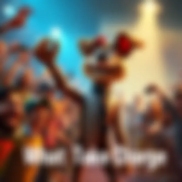 Scrappy Takes Charge Scrappy standing confidently in front of a crowd, showing leadership and excitement, with people reacting positively around him.