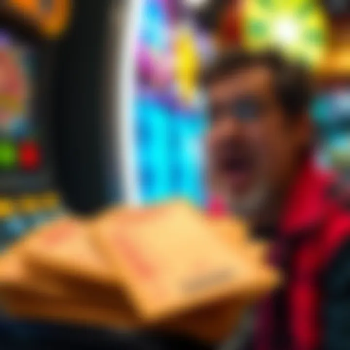 A stack of losing scratch game tickets with a disappointed player in the background