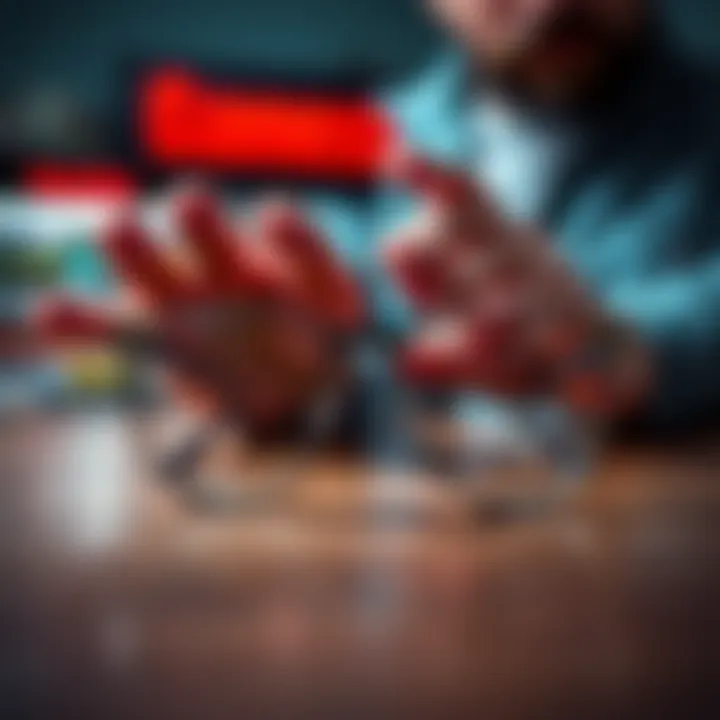 A pair of scratched eyeglasses placed on a table with a disappointed person's hand in the background