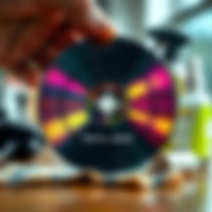 Scratched Metal Gear Solid Disc A close-up of a scratched Metal Gear Solid game disc being held, with a cloth and cleaning solution nearby.