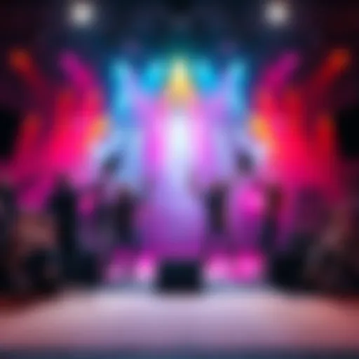 A vibrant stage with actors performing a scripted scene, showcasing energy and excitement in a media setting.