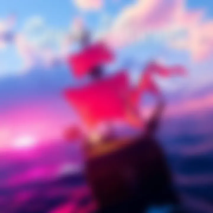 A vibrant scene showing a pirate ship sailing on the open sea in Sea of Thieves, with a treasure chest in the foreground
