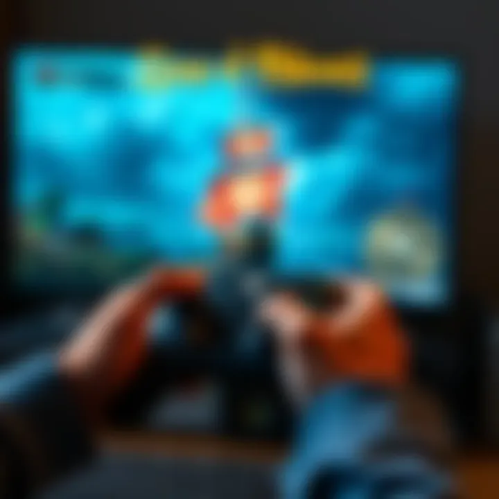 A person playing Sea of Thieves on an Xbox with a controller, showing a pirate ship on the screen