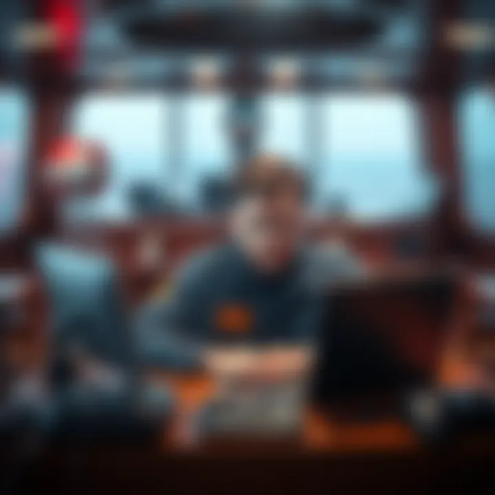 A seafarer sitting in front of a laptop, looking frustrated as he tries to play a game that requires an internet connection. The background shows a ship interior.