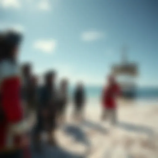 Seafarers Absent from the Sea A group of pirates and sailors on a deserted shore, looking confused and intrigued, with an empty ship in the background.