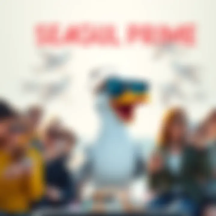 Seagull Prime Humor A cartoon seagull wearing sunglasses and laughing, surrounded by people chatting and sharing jokes about Seagull Prime on their phones.