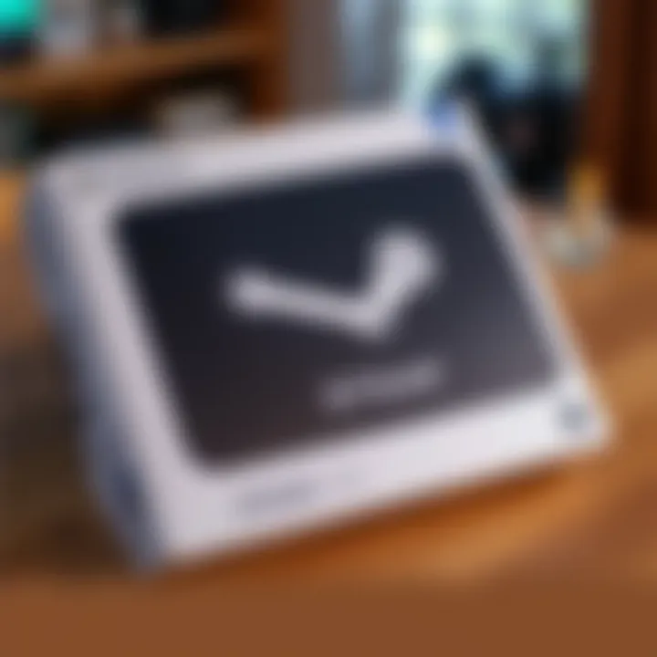 A sealed box of Steam Link laying on a table, showcasing the front design and packaging, emphasizing its new condition.