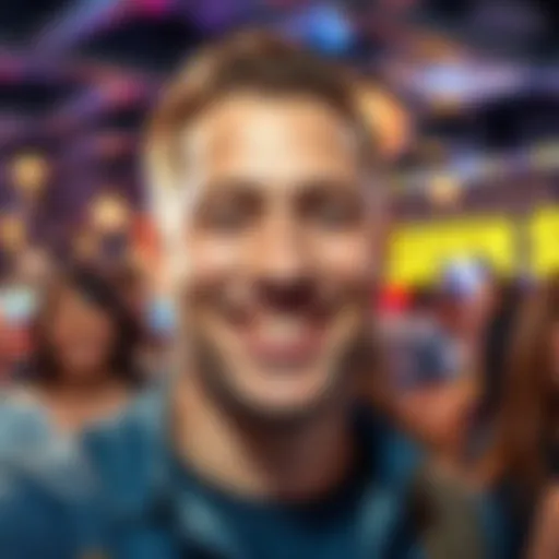 A cheerful man named Sean with a warm smile, surrounded by friends in a lively social setting.