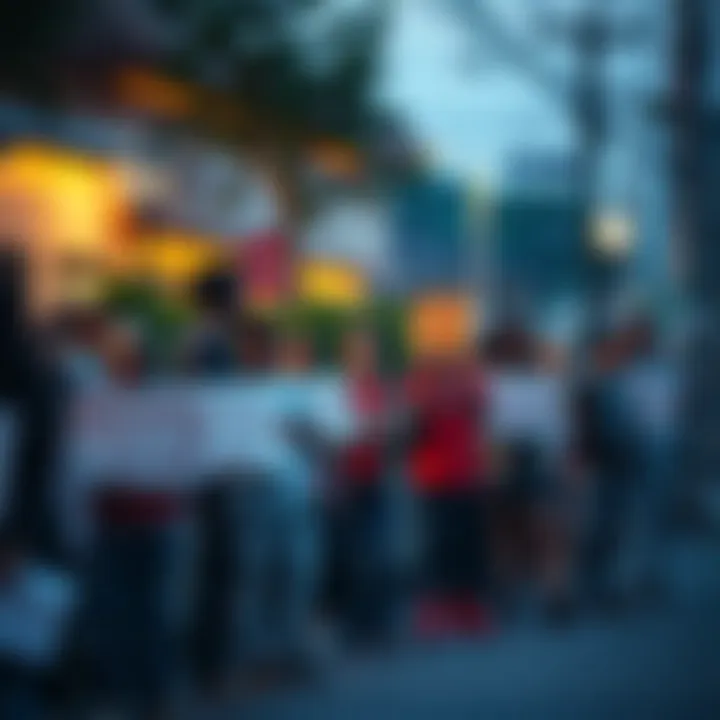 Community members gather to search for missing child Nata in a neighborhood, holding signs and looking around anxiously.