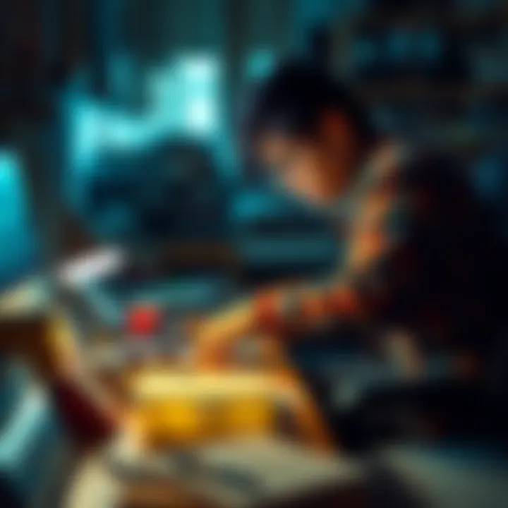 A person searching through a cluttered desk looking for a lost item.