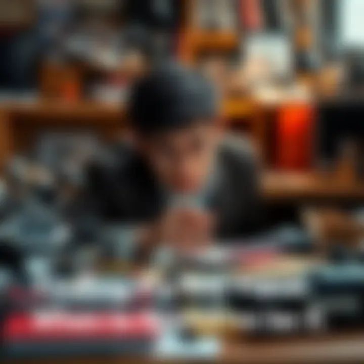 A person looking through a cluttered desk for a specific item among various objects.