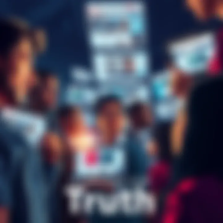 A group of diverse people looking at various digital screens, showing different news articles and social media posts, symbolizing the search for truth in a modern context.