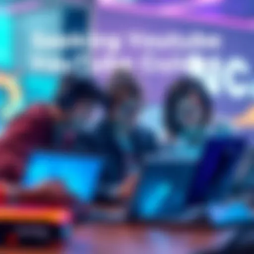 A group of gamers discussing while looking at laptops and tablets, seeking build guides for a game character named Dia