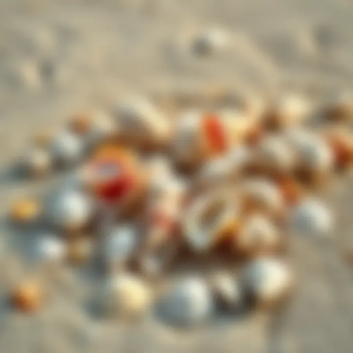 A variety of seashells scattered on sandy beach, showcasing different shapes and colors.