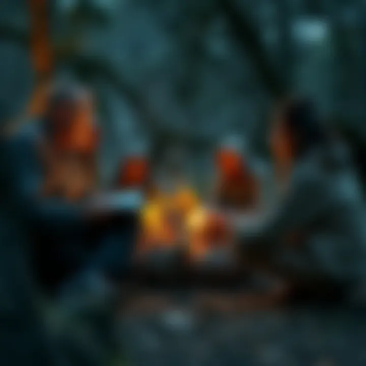 The Season 1 cast analyzing survival tactics around a campfire in the wilderness