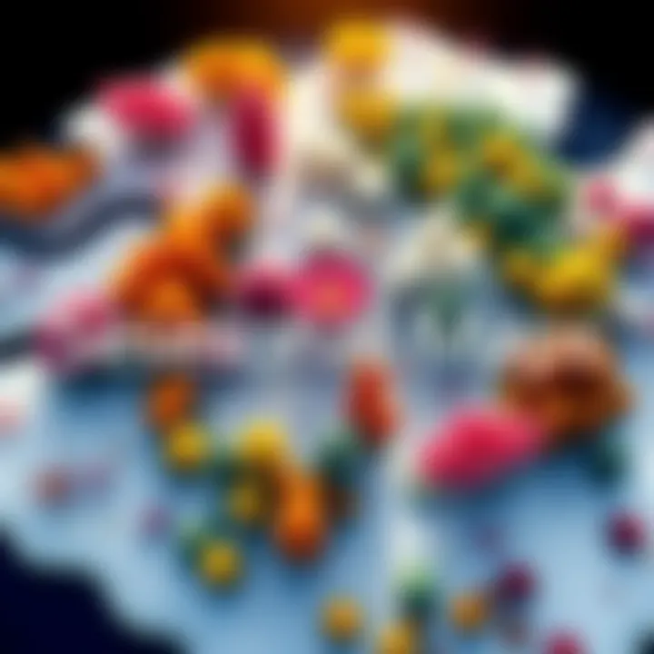 A vibrant seasonal map showcasing changing environments with trees in bloom, snow, and autumn leaves, reflecting different times of the year