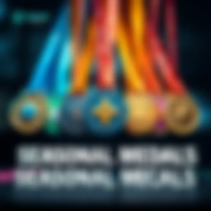 A collection of colorful seasonal medals showing different designs, representing levels and upgrades in gameplay.