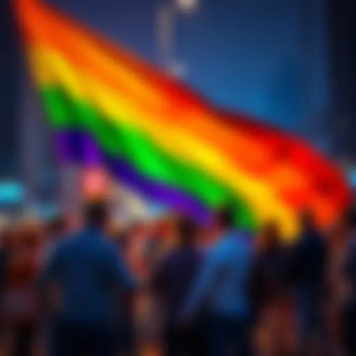 A pride flag displayed in Seattle with people discussing around it, reflecting strong opinions on representation.
