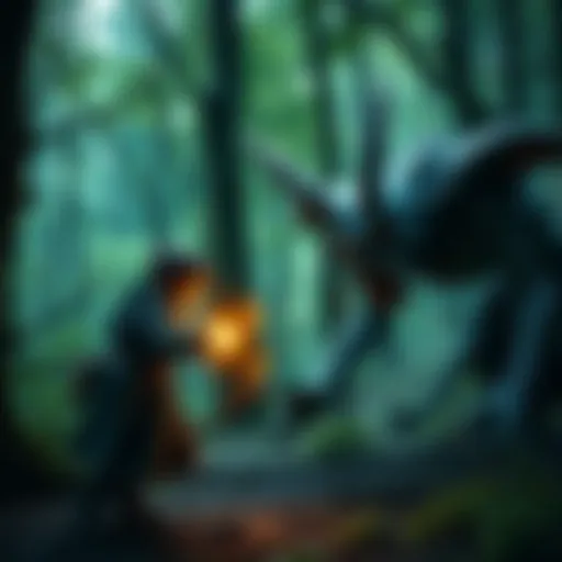 Sebastian stands ready to cast spells against a menacing goblin in a magical forest setting