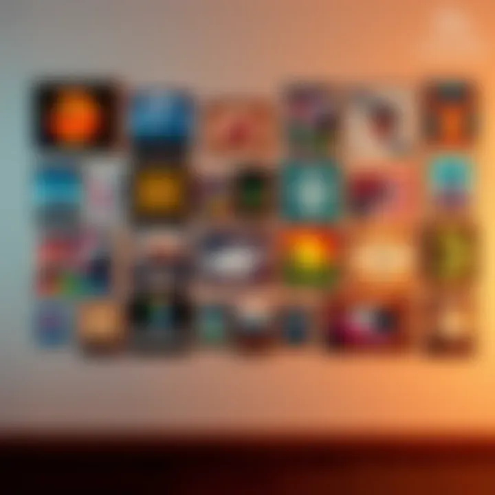 A wall decorated with colorful second-hand displates displaying various art designs, using velcro strips for easy hanging.