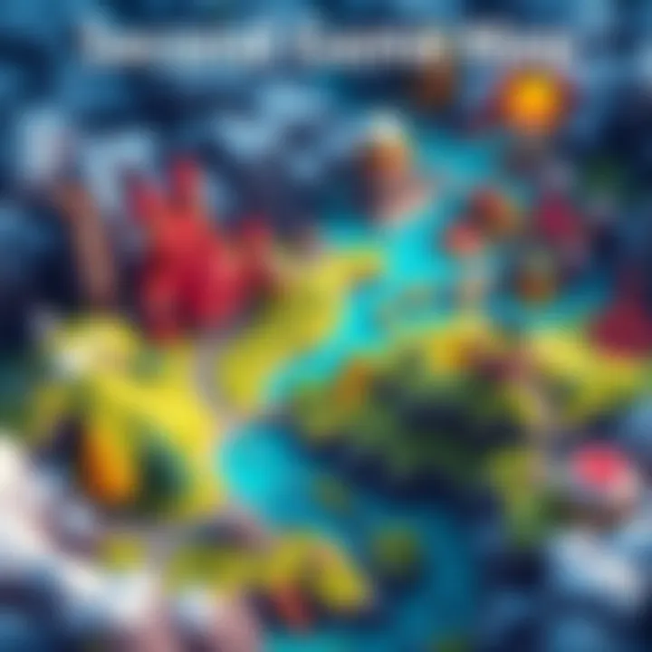 A digital artwork showing a vibrant new game map with diverse terrains and structures, suggesting exploration and new adventures in gaming.