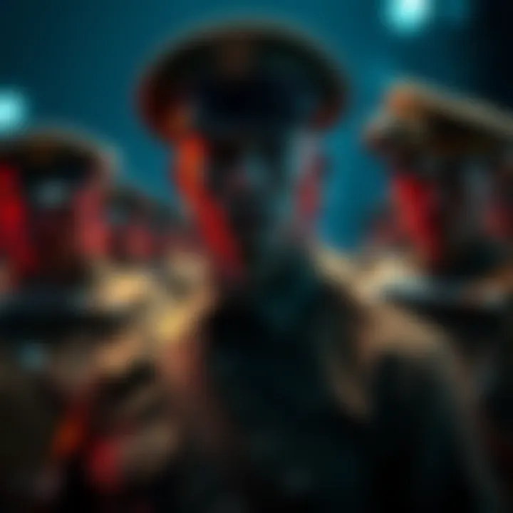 A second Marine stands proudly in uniform, showcasing dedication and teamwork with fellow Marines in the background.