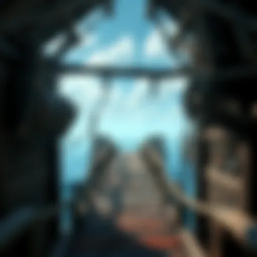 A view of the hidden cubby hole at Riven Tides docks, surrounded by wooden structures and water, inviting curiosity.