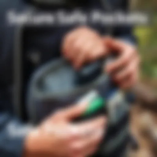 A close-up of a person placing valuables into secure pockets in a backpack while outdoors, highlighting safety and organization.