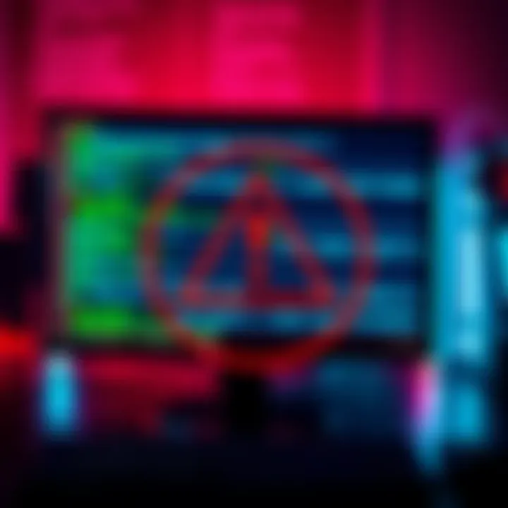 A warning symbol in front of a computer screen displaying code, signaling a security issue for game developers.