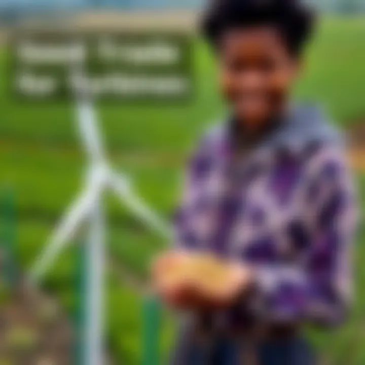 A community member holding a handful of seeds, standing next to a small wind turbine, with a backdrop of green fields.