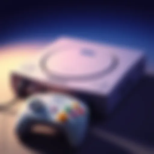 A Sega Dreamcast console with a controller, highlighting its design and features