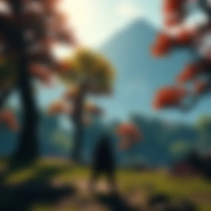 A character from Sekiro standing in a lush forest area, ready to engage in battle for XP farming, with mountains in the background.