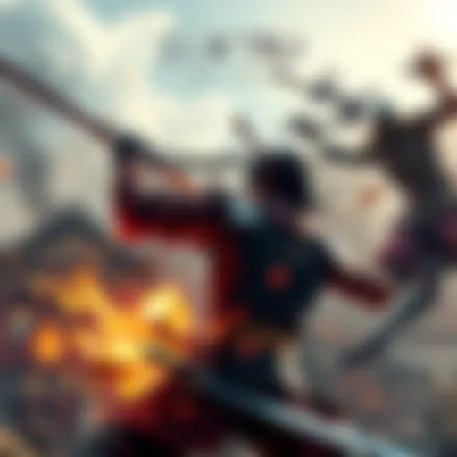 A character from Sekiro showcasing their prosthetic tool and sword in an intense combat stance against an enemy.