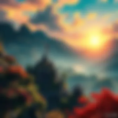 A beautiful mountain view in Sekiro, showcasing lush greenery and ancient structures, with a vibrant sky above.