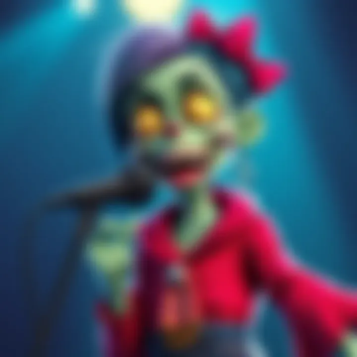 Selena Corey the Singing Zombie A cartoonish zombie girl with a microphone, showcasing her musical talent. She has a fun, colorful outfit and a friendly smile as she sings.