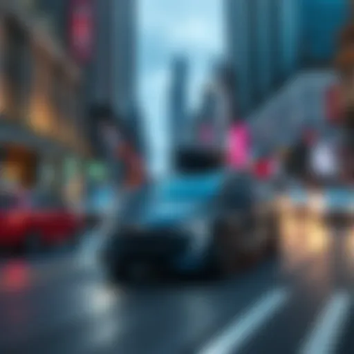 Self-Driving Supercomputer Concept A futuristic self-driving car powered by a supercomputer on a busy city street, showcasing technology and innovation.