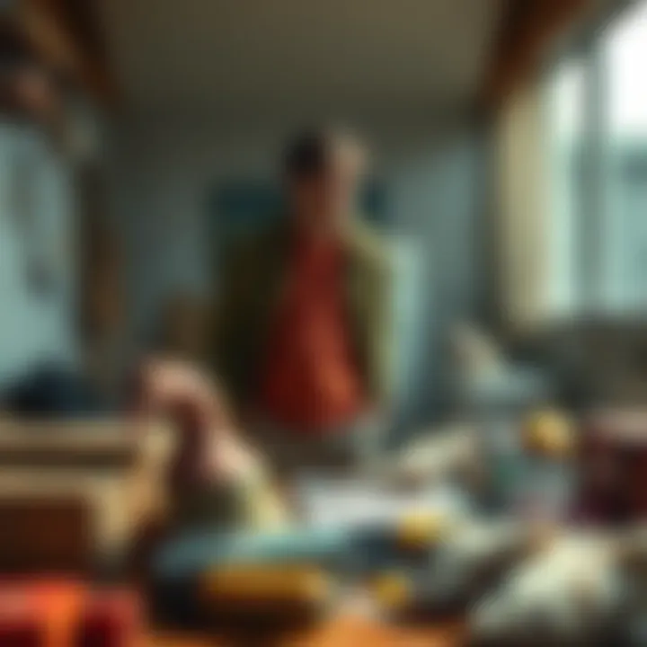 A person stands by a table filled with various sold possessions, looking frustrated, illustrating the struggle with forma drought.