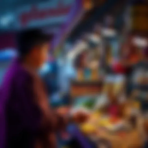 A person showcasing various items for sale at a local market stall, engaging with potential buyers.