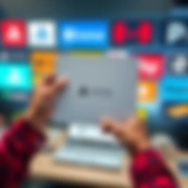 A person holding a PS5 Slim white plate with a laptop and various online marketplace logos in the background