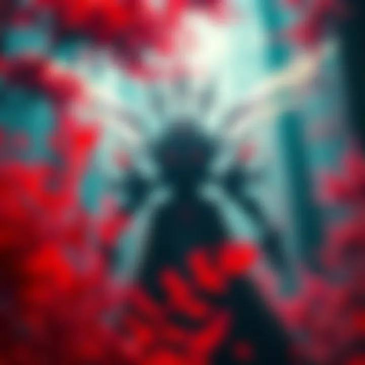 A depiction of the Seltas Queen with male Seltas drones in a vibrant Scarlet Forest, showcasing her unique mechanics and interactions with other creatures.