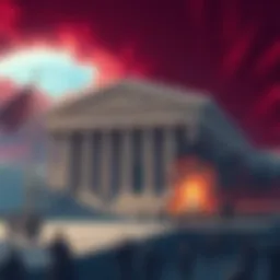 Illustration of the Roman Senate building with a dramatic backdrop depicting civil unrest and doubt among citizens, showcasing the impact of the new law against doubters.