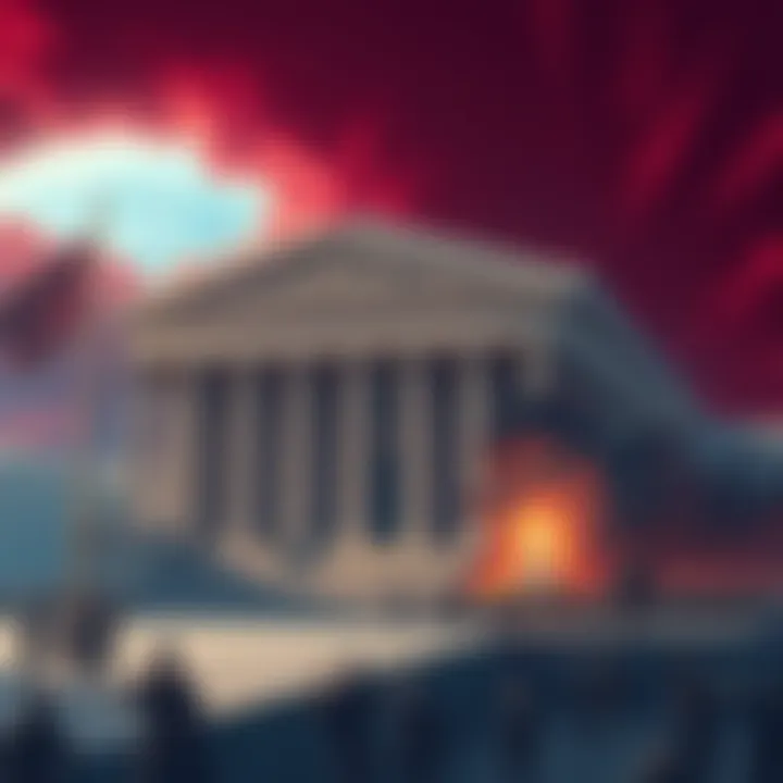 Illustration of the Roman Senate building with a dramatic backdrop depicting civil unrest and doubt among citizens, showcasing the impact of the new law against doubters.