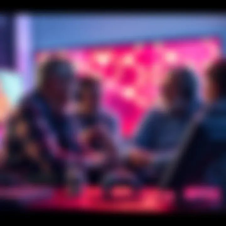 A group of older gamers engaging in conversation while playing video games, discussing both classic and modern titles.