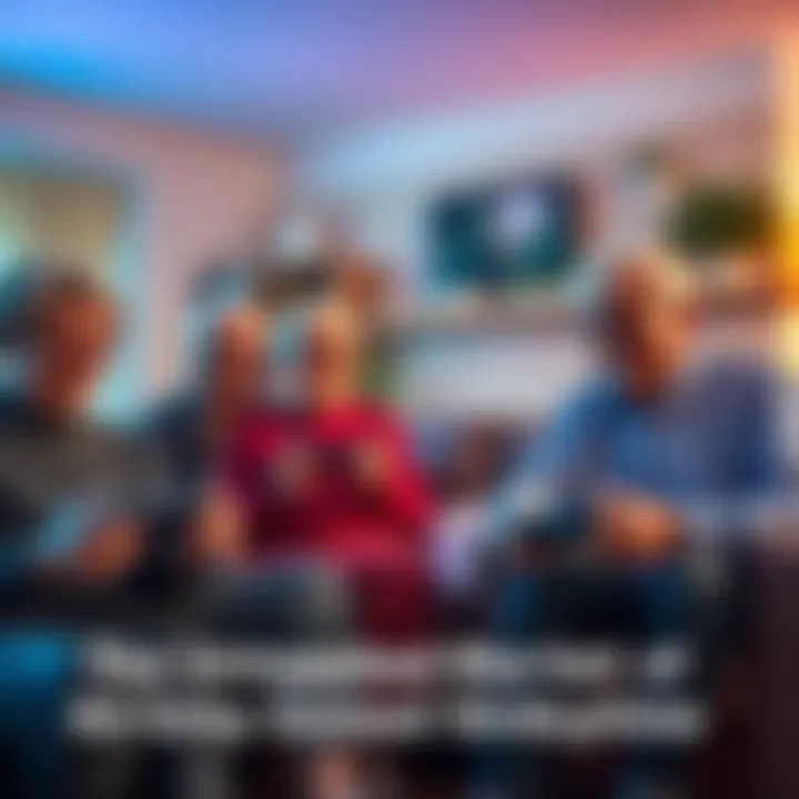 A group of older adults playing video games in a cozy living room setting, smiling and having fun together