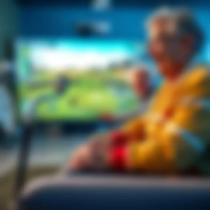 An elderly man and woman enjoying a golf video game on a large screen, both smiling and focused on the game, with golf clubs and colorful graphics visible.