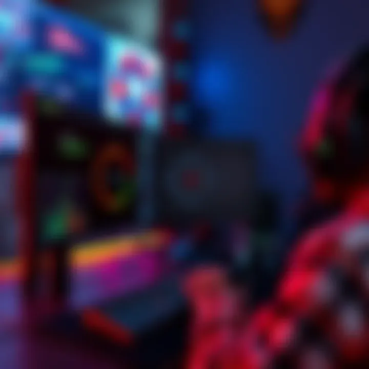 A player uses the Sensitivity Randomizer tool in Aimlabs to practice aiming skills, showing a gaming setup with a monitor, mouse, and keyboard.