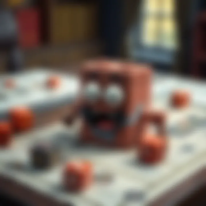A cartoonish sentient brick with googly eyes and a big smile, placed on a DnD game table with dice and character sheets around it