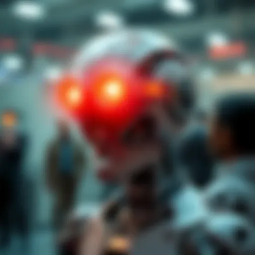 A robotic figure with glowing eyes representing sentience, surrounded by human figures in conversation.